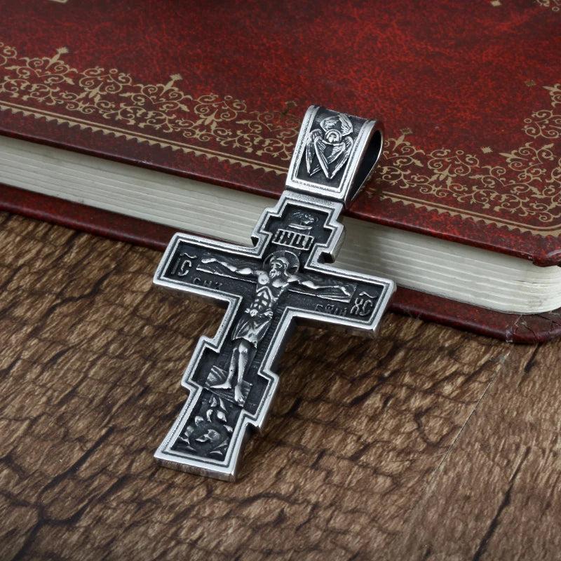 Jesus Cross Pendant Men's Stainless Steel Crucifix Orthodox Chain Necklace