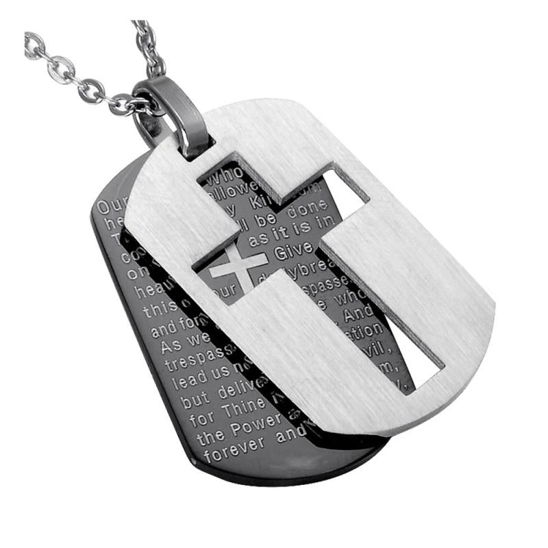 Stainless Steel Cross Necklace Lords Prayer Dog Tag