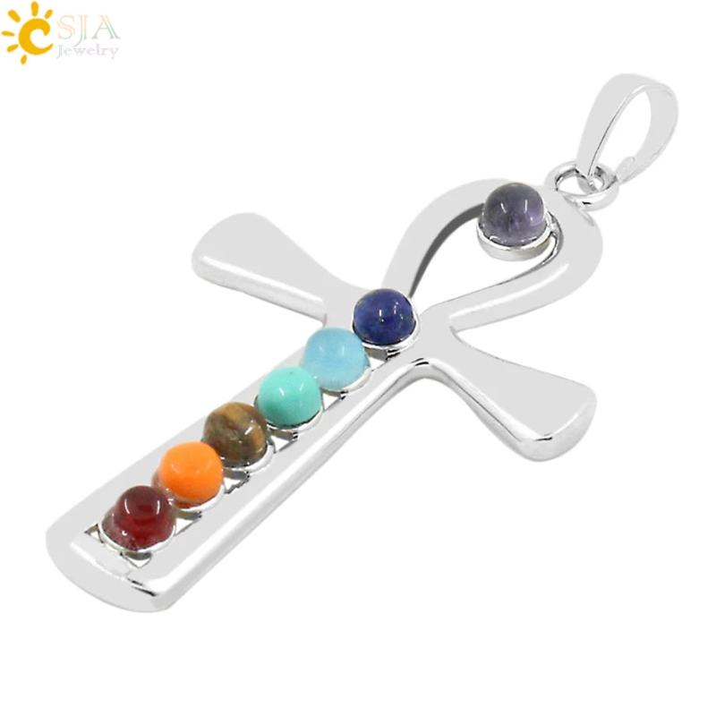 Reiki Ankh Symbol Health Amulet 7 Chakra Stones Cross Shape Necklace Pendant
