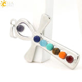 Reiki Ankh Symbol Health Amulet 7 Chakra Stones Cross Shape Necklace Pendant