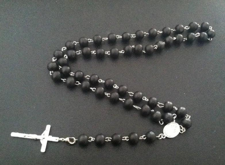 Hardwood Rosary Beaded Jesus Cross Pendant Necklace