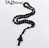 Hardwood Rosary Beaded Jesus Cross Pendant Necklace
