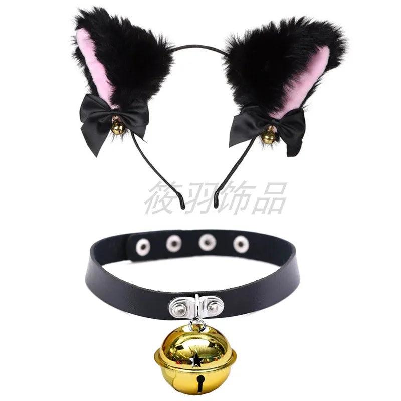 Punk Cat Ear Hair Hoop Collar Set with Bell Necklace