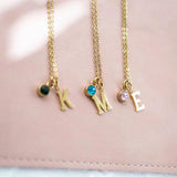 Personalized Birthstone Necklace, Letter & Birthstone Pendant, 14K Gold