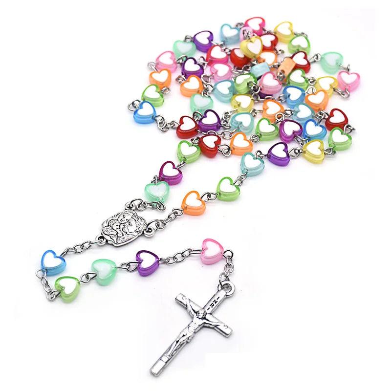 Kids Colorful Heart Beads Chain Rosary Necklace Jesus Cross Pendant