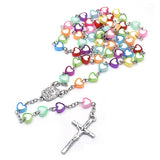 Kids Colorful Heart Beads Chain Rosary Necklace Jesus Cross Pendant
