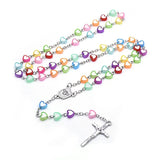 Kids Colorful Heart Beads Chain Rosary Necklace Jesus Cross Pendant