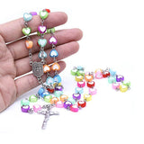 Kids Colorful Heart Beads Chain Rosary Necklace Jesus Cross Pendant