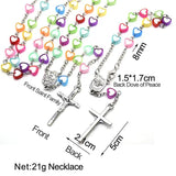 Kids Colorful Heart Beads Chain Rosary Necklace Jesus Cross Pendant