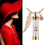 Time Hourglass Cremation Urn Necklace with Angel Wing Birthstones