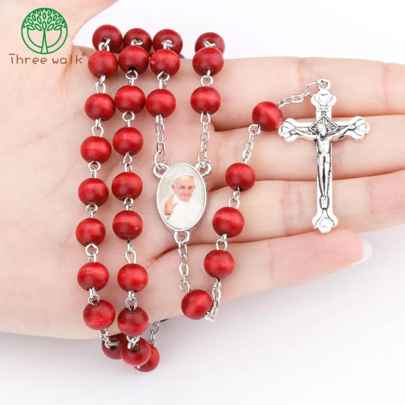 Vintage Red Bead Catholic Rosary Necklace Religious Father Beads