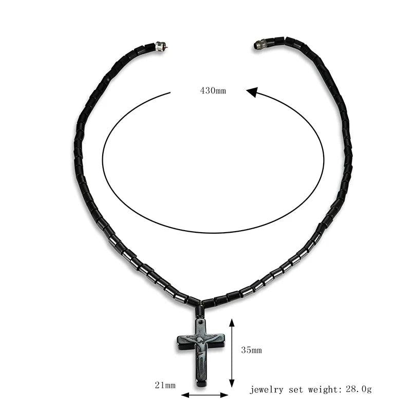 Gallstone Beads Choker Necklace Cross Pendant Rosary Bead Religious Jewelry