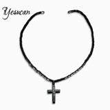 Gallstone Beads Choker Necklace Cross Pendant Rosary Bead Religious Jewelry