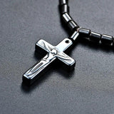 Gallstone Beads Choker Necklace Cross Pendant Rosary Bead Religious Jewelry