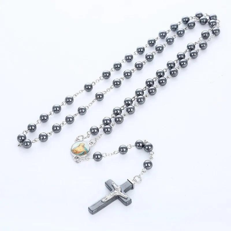 6mm Glass Bead Rosary Necklace with Cross Lourdes Center