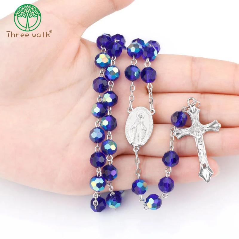 Dark Glass Beads Catholic Rosary Cross Pendant Necklace