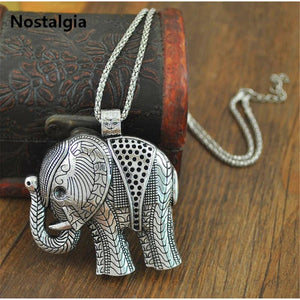 Vintage Tibetan Silver Elephant Pendant Necklace Boho Ethnic Jewelry