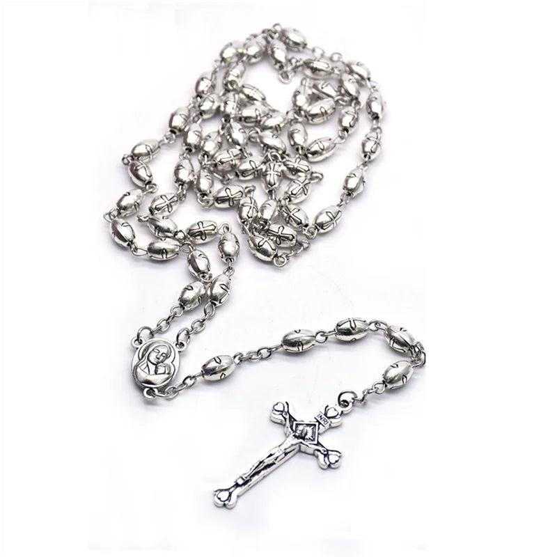 Vintage Silver Cross Pendant Rosary Necklace Prayer Bead Christ Church Jewelry
