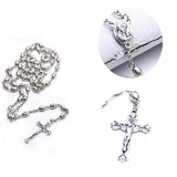 Vintage Silver Cross Pendant Rosary Necklace Prayer Bead Christ Church Jewelry