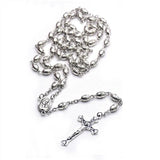 Vintage Silver Cross Pendant Rosary Necklace Prayer Bead Christ Church Jewelry