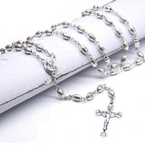 Vintage Silver Cross Pendant Rosary Necklace Prayer Bead Christ Church Jewelry