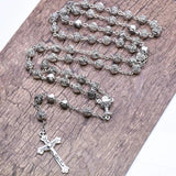 Vintage Silver Cross Pendant Rosary Necklace Prayer Bead Christ Church Jewelry