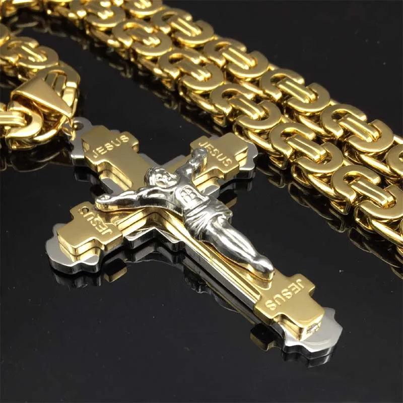 Crucifix Jesus Cross Necklace Stainless Steel Pendant Byzantine Chain