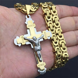 Crucifix Jesus Cross Necklace Stainless Steel Pendant Byzantine Chain