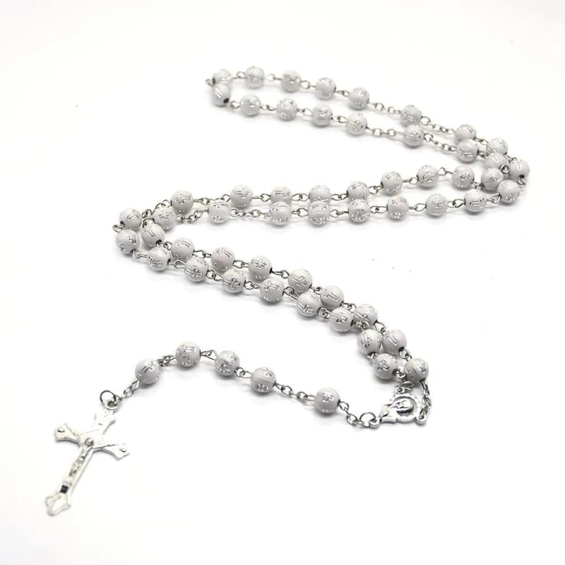 Religious 8mm Silver Cross Pray Meditation Beads Rosary Necklaces
