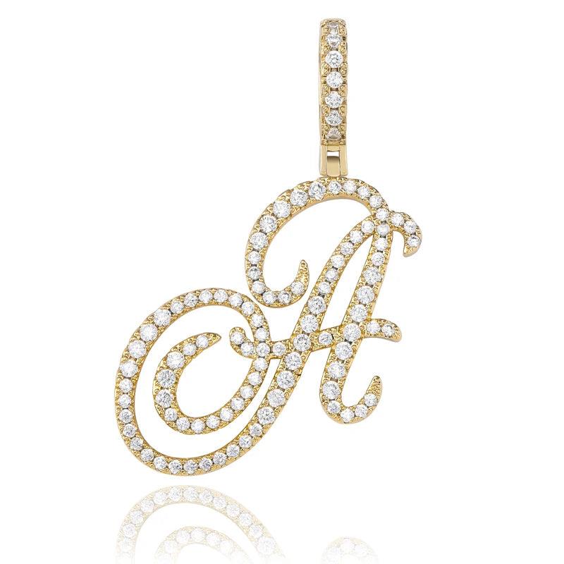 Cursive Letters Pendant Necklace Iced Out Zircon Silver Hip Hop Jewelry