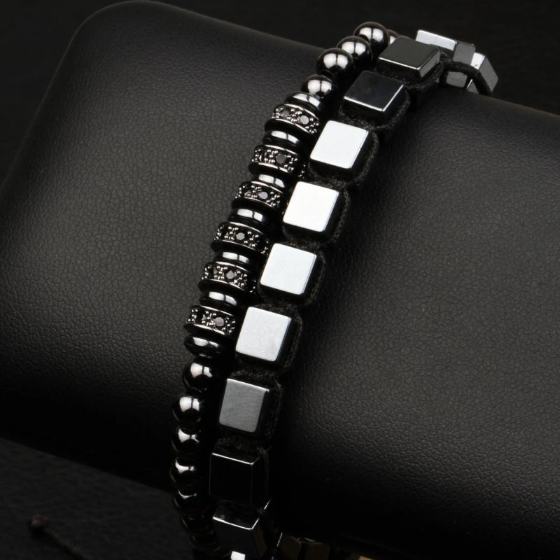 2Pcs Square Hematite Wave Bangle Set for Men Women