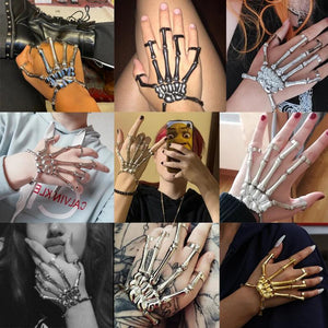 Punk Gothic Hand Chain Skull Skeleton Five Fingers Rings Couples Bracelet