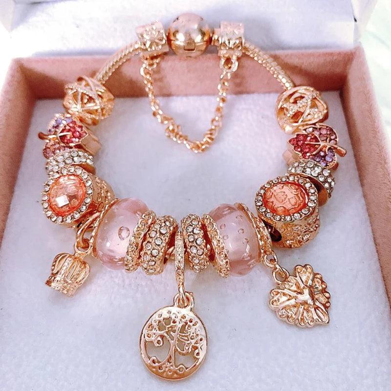 Rose Crystal Charm Bracelet with Pink Leaves Jewelry Gift