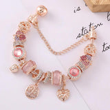 Rose Crystal Charm Bracelet with Pink Leaves Jewelry Gift