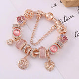 Rose Crystal Charm Bracelet with Pink Leaves Jewelry Gift