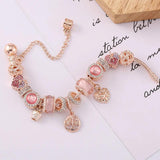 Rose Crystal Charm Bracelet with Pink Leaves Jewelry Gift