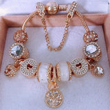 Rose Crystal Charm Bracelet with Pink Leaves Jewelry Gift