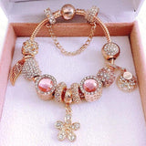 Rose Crystal Charm Bracelet with Pink Leaves Jewelry Gift