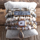 Boho Beaded Bracelet Set Natural Stone & Druzy 5pc Bracelets Bangles