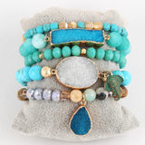Boho Beaded Bracelet Set Natural Stone & Druzy 5pc Bracelets Bangles