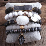 Boho Beaded Bracelet Set Natural Stone & Druzy 5pc Bracelets Bangles