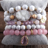 Boho Beaded Bracelet Set Natural Stone & Druzy 5pc Bracelets Bangles