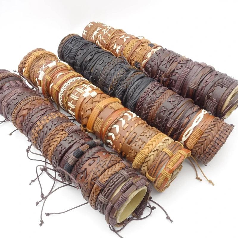 50PCs Cuff Bracelets Men Women Mix Styles Leather Jewelry Gift Box Packed