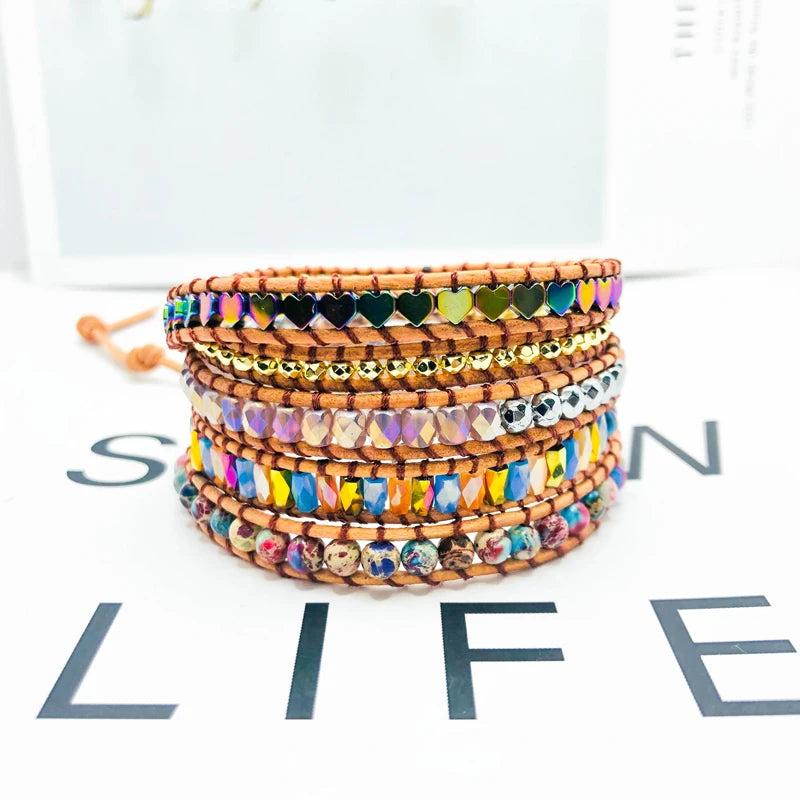 2022 Romantic Leather Wrap Bracelets with Mix Stone Heart 5 Strands