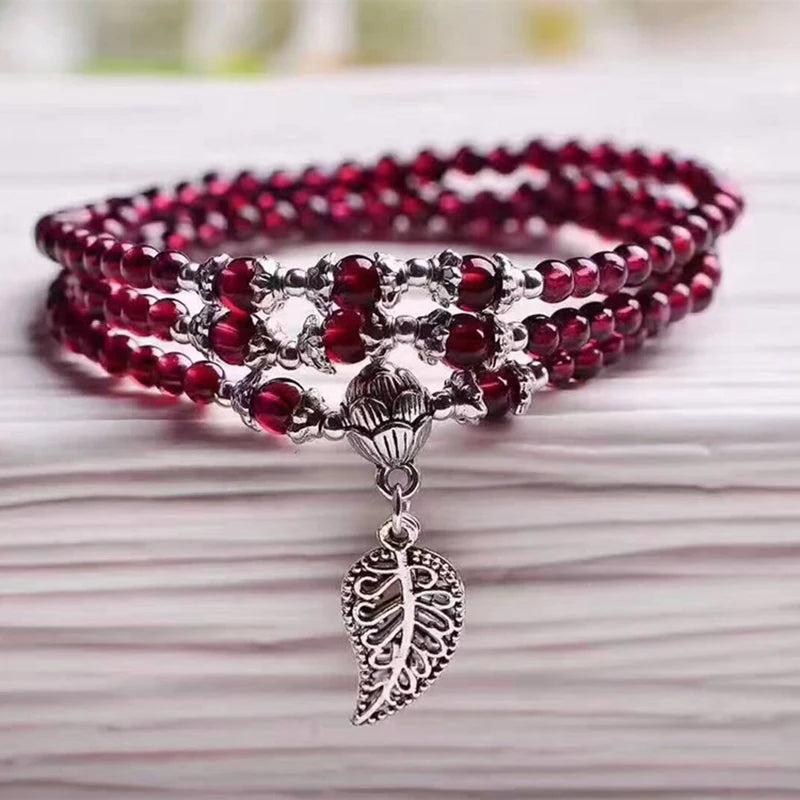 Red Garnet Stone Bracelet with Leaf Pendant, Multilayer Jewelry