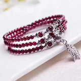 Red Garnet Stone Bracelet with Leaf Pendant, Multilayer Jewelry