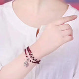 Red Garnet Stone Bracelet with Leaf Pendant, Multilayer Jewelry