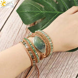 CSJA Green Fluorite Crystal Aventurine Leather Wrap Bracelet
