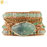 CSJA Green Fluorite Crystal Aventurine Leather Wrap Bracelet