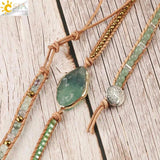 CSJA Green Fluorite Crystal Aventurine Leather Wrap Bracelet